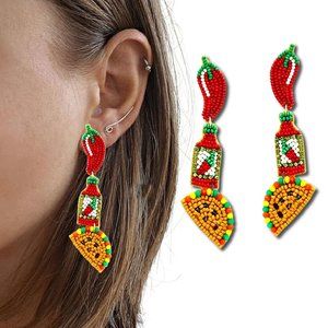 Fiesta Mexican Food Cabo Pepper Hot Sauce Taco Theme Beaded Dangle Earrings NEW